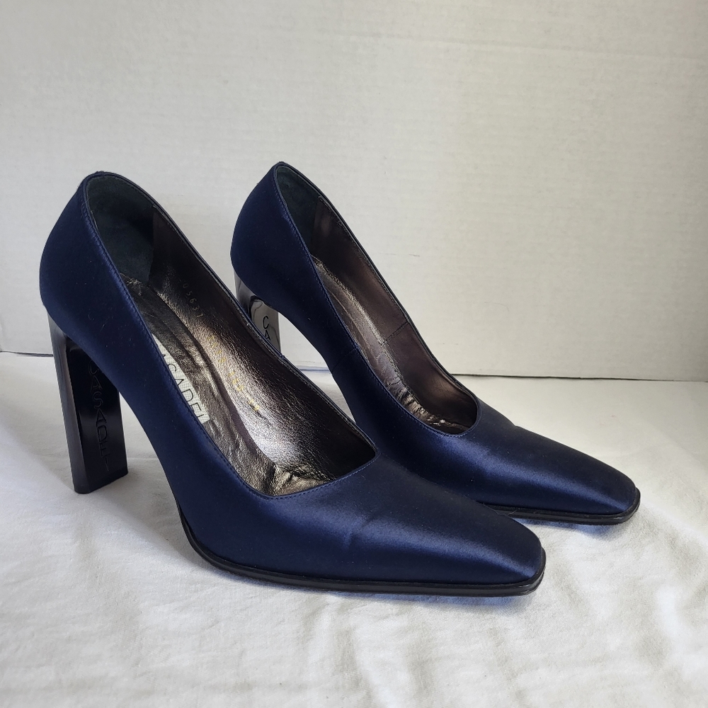 Casadei Navy Blue Satin Pointed-Toe Block Heel Pumps